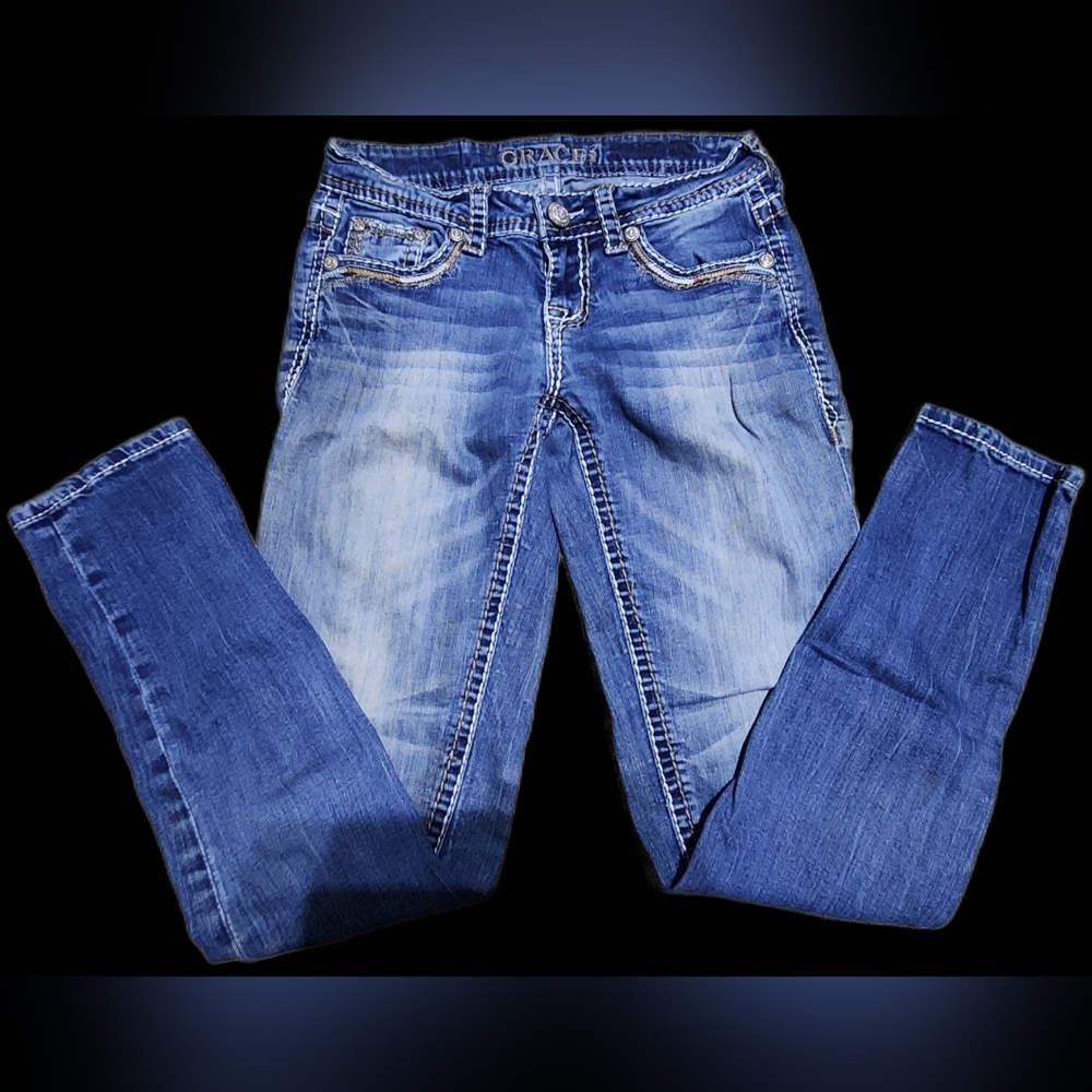 Grace in LA Women’s Blue Distressed Slim Jeans